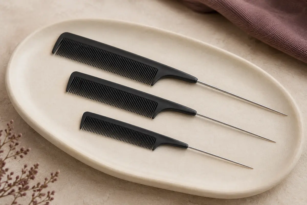 Trois peignes à queue noirs de tailles différentes, aux dents fines et à la queue métallique, posés sur de la céramique.
