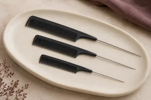 Trois peignes à queue noirs de tailles différentes, aux dents fines et à la queue métallique, posés sur de la céramique.