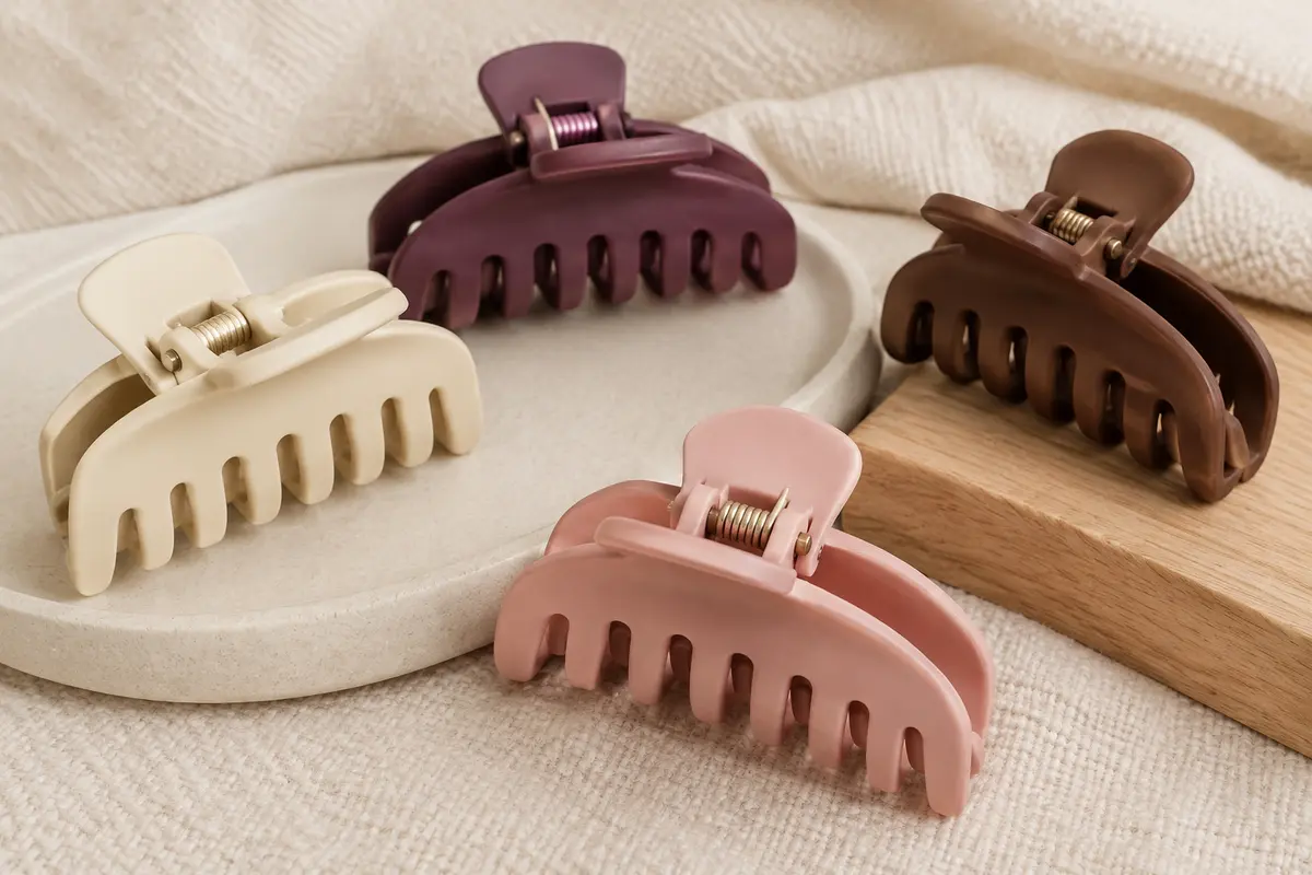 Lot de pinces crocodile Framar pastel en plastique avec ressorts métalliques, posé sur une céramique mate.
