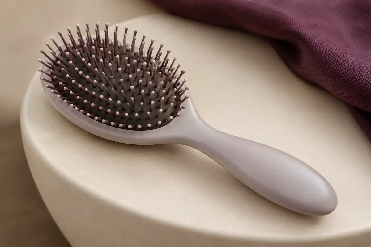 Brosse démêlante en plastique à tête arrondie et picots souples, posée sur un support en céramique mate