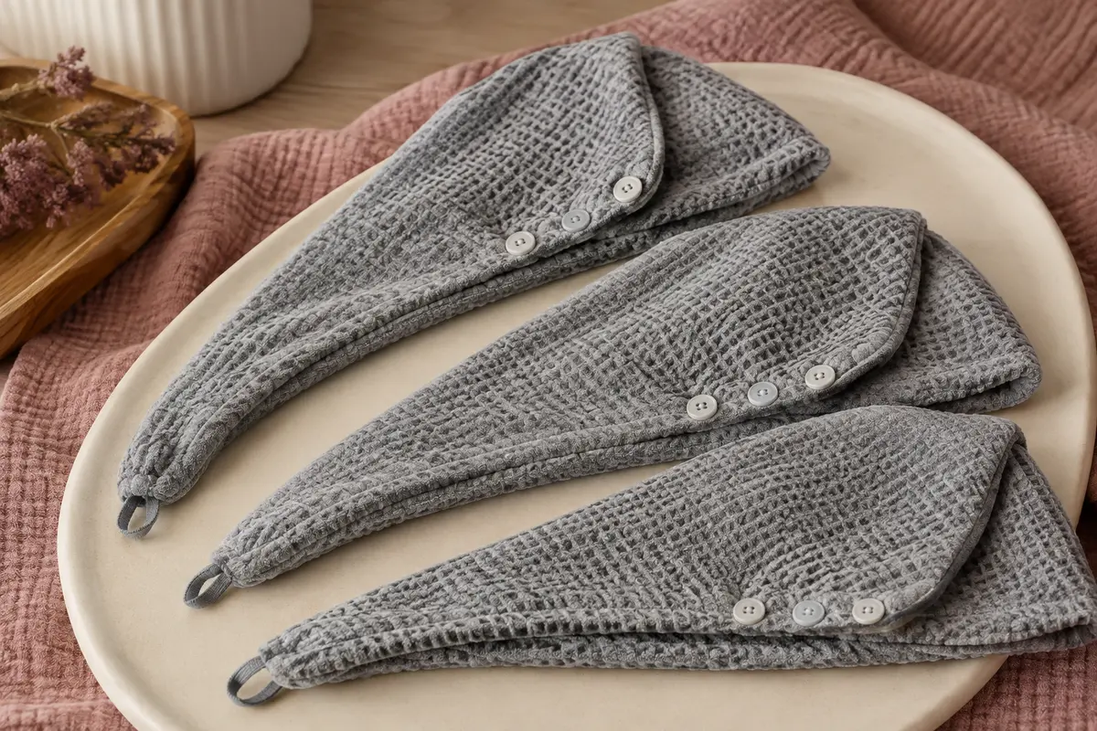 Trois serviettes turban grises en microfibre gaufrée avec leurs boutons de fermeture