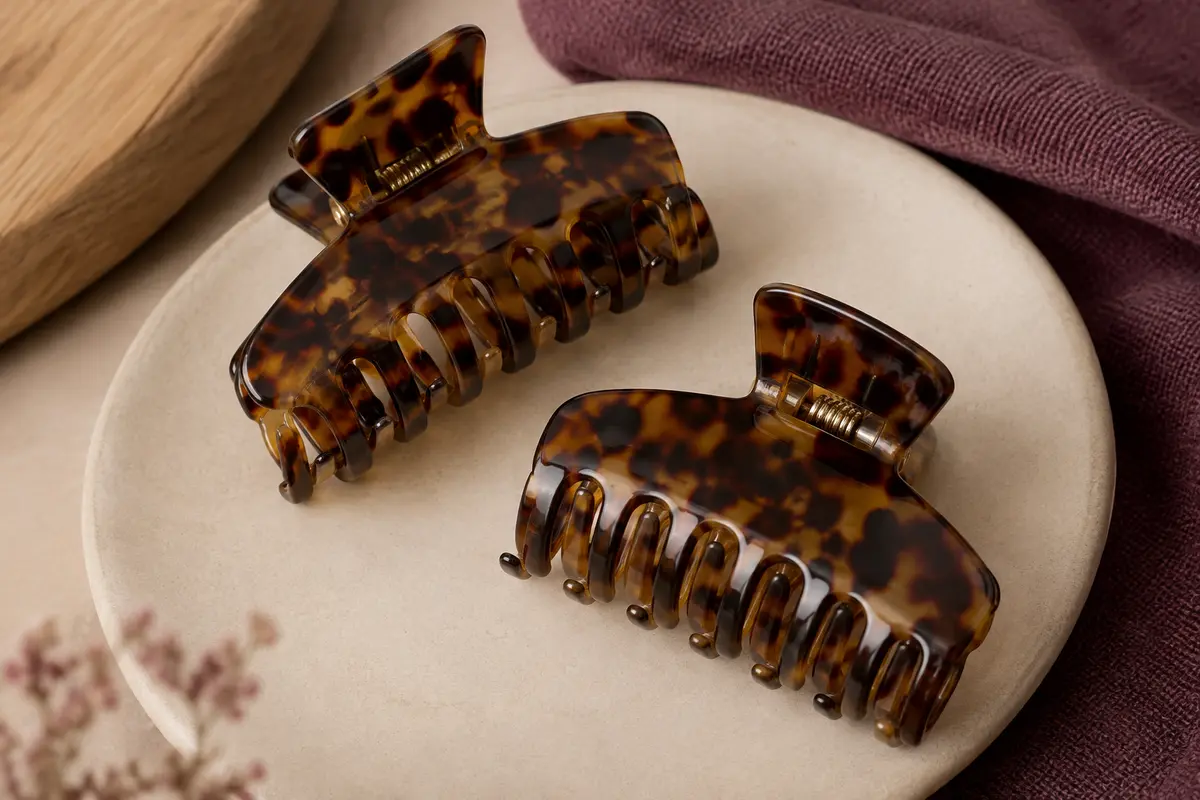 Deux pinces à cheveux à griffes en acétate, motif écaille de tortue et ressorts métalliques