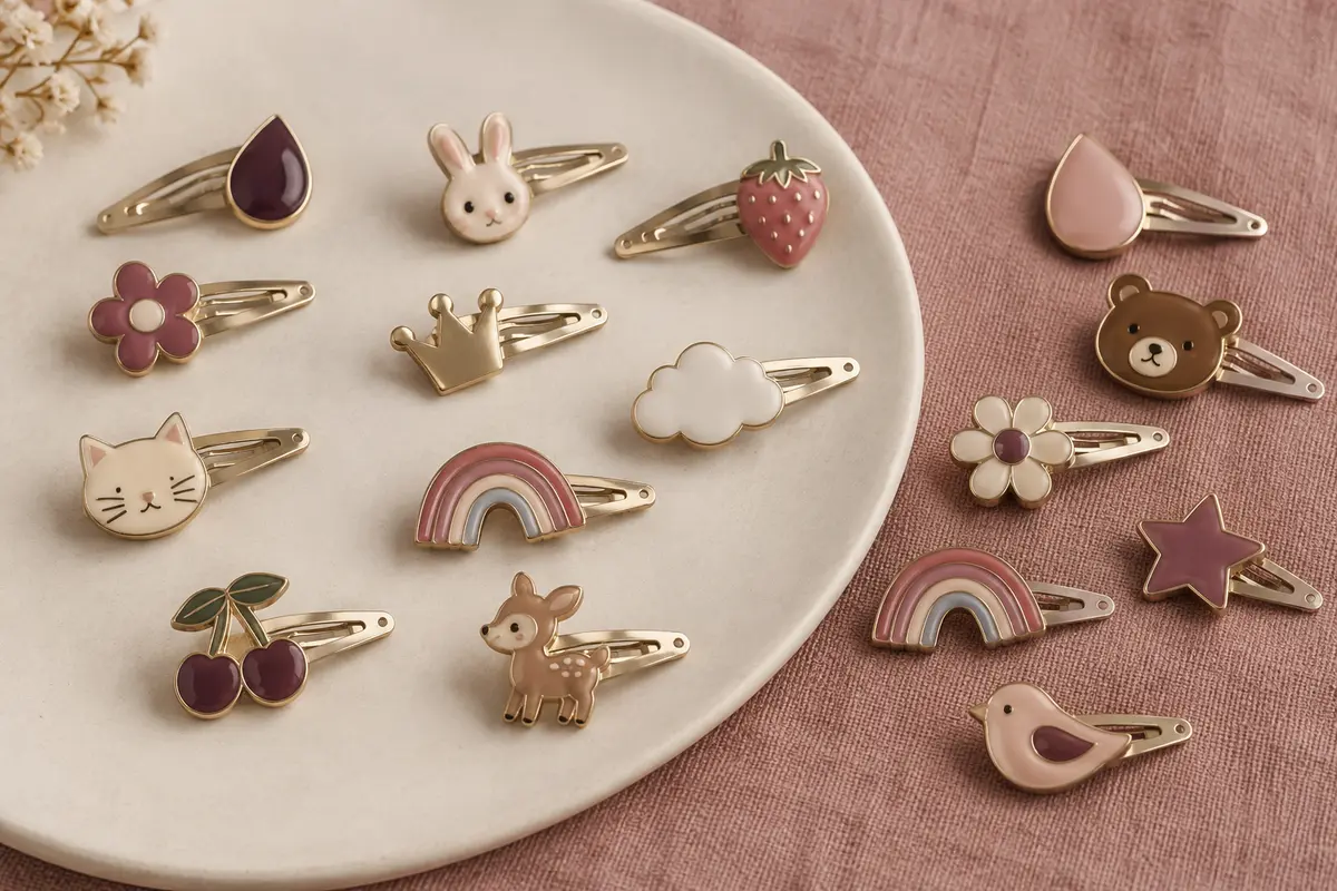 Assortiment de barrettes métalliques à pression aux motifs fantaisie, disposées sur une céramique mate.