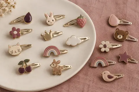 Assortiment de barrettes métalliques à pression aux motifs fantaisie, disposées sur une céramique mate.