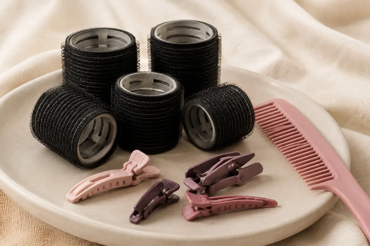 Bigoudis auto-agrippants noirs avec pinces et peigne rose, disposés sur un support en céramique mate.