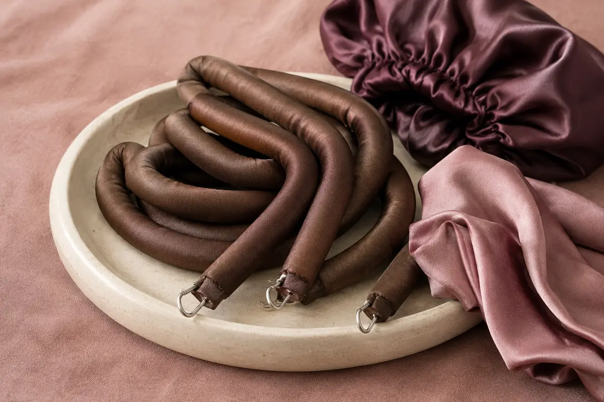 Kit brun de bigoudis satinés sans chaleur, accompagné de deux foulards et d’un bonnet de douche