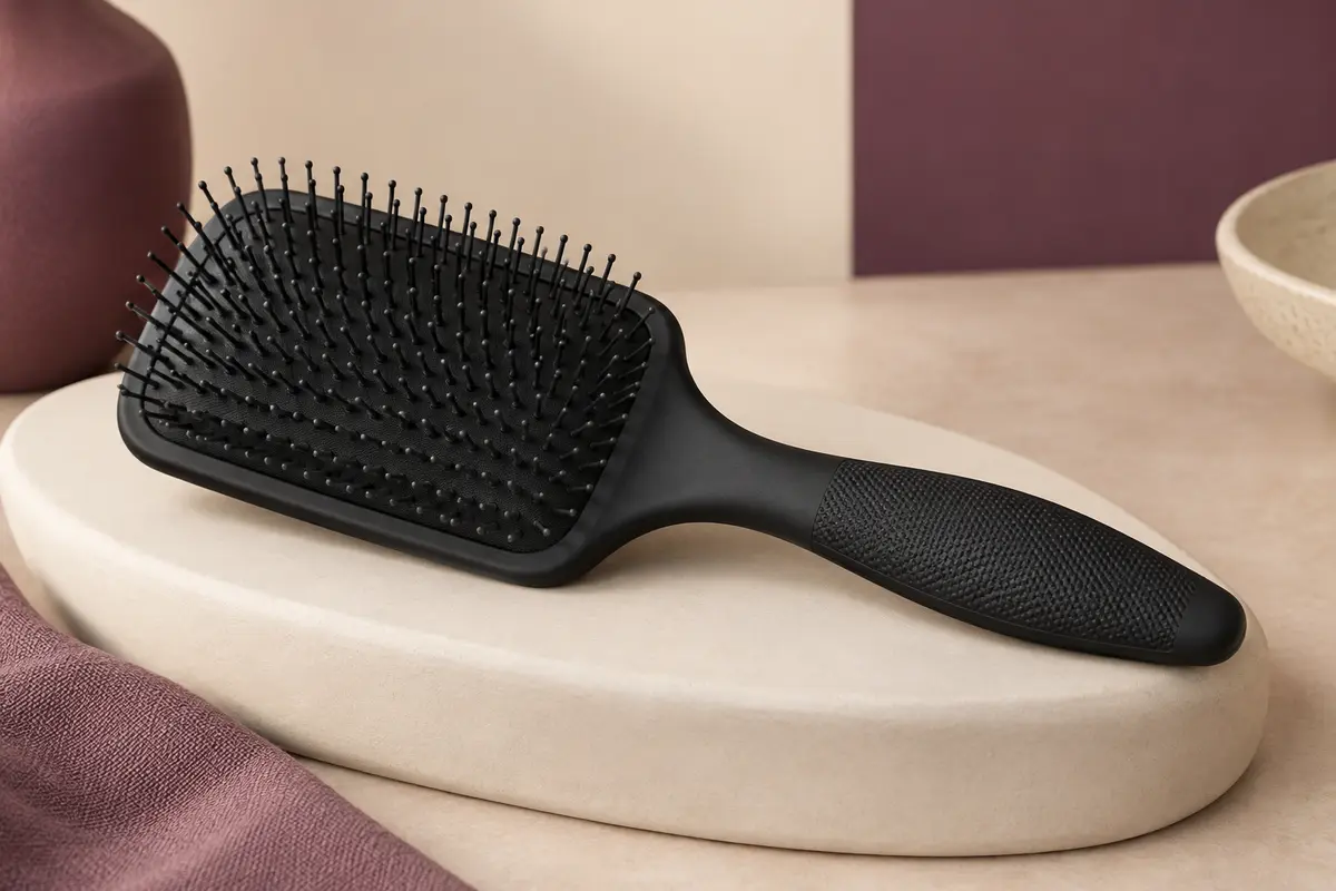 Brosse plate démêlante noire à tête large et poignée antidérapante, posée sur un support en céramique mate.