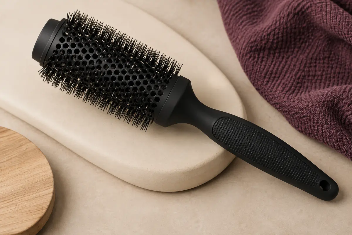 Brosse ronde noire de brushing en céramique ventilée, posée sur un support mat crème.