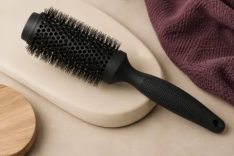 Brosse ronde noire de brushing en céramique ventilée, posée sur un support mat crème.
