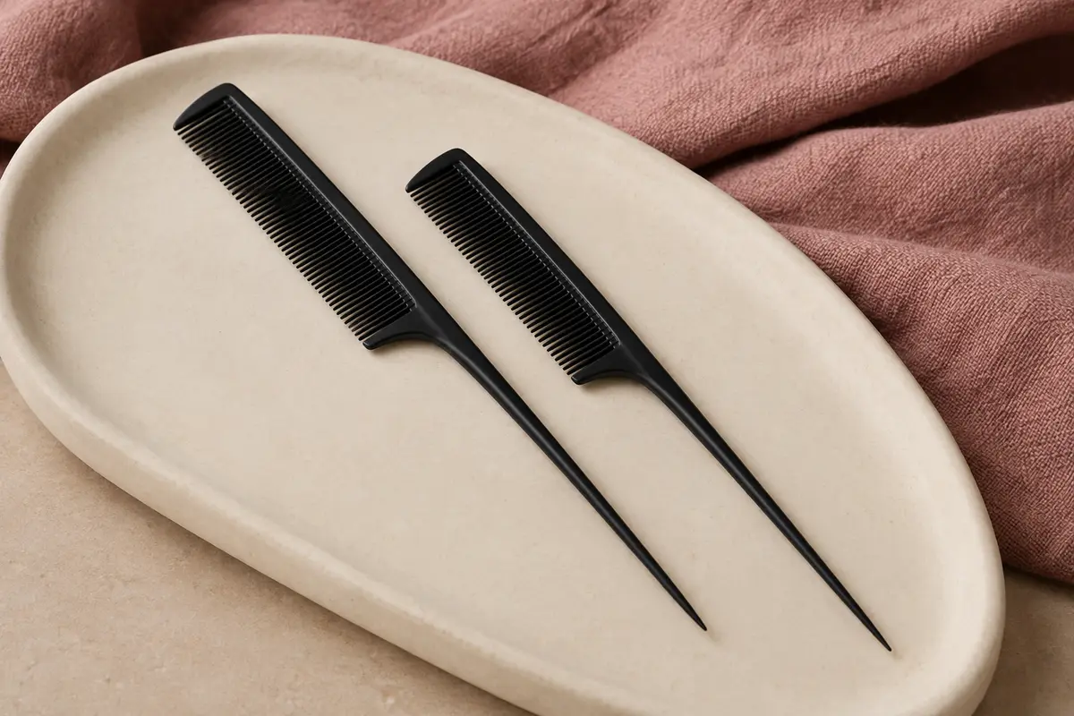 Deux peignes noirs à dents fines et à queue pointue, posés côte à côte sur un support en céramique mate.
