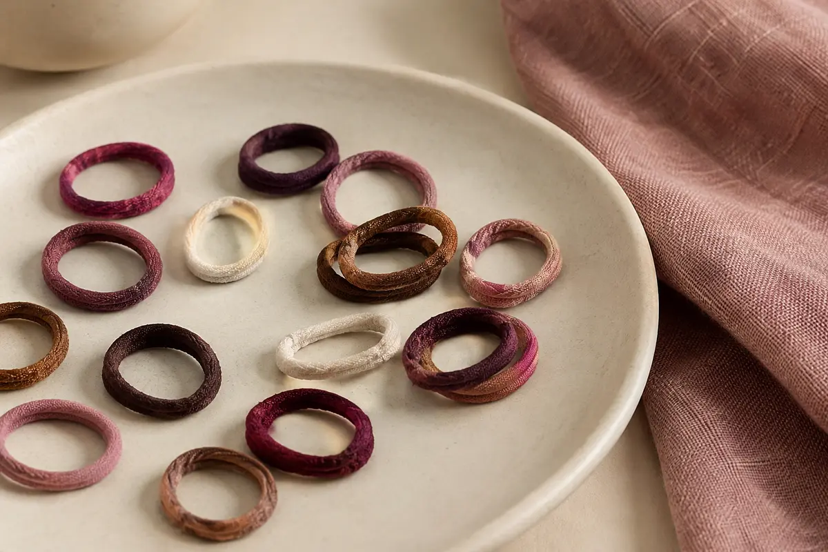 Petits élastiques à cheveux multicolores en caoutchouc et tissu disposés sur une céramique mate