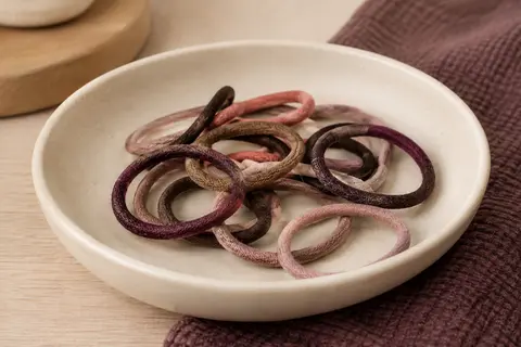 Élastiques fins multicolores pour cheveux disposés sur une coupelle en céramique mate.