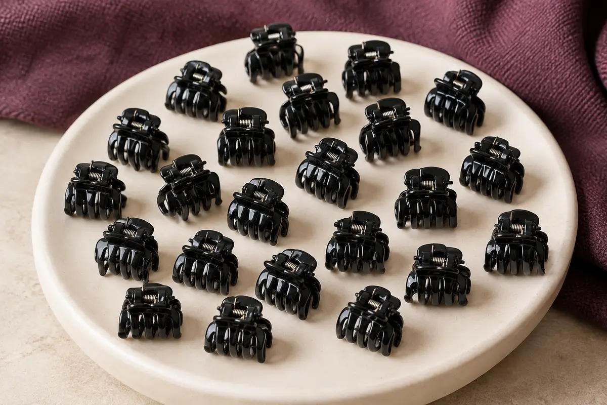 Assortiment de petites pinces à cheveux noires à griffes, avec ressorts métalliques, posé sur une céramique mate.