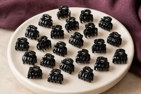 Assortiment de petites pinces à cheveux noires à griffes, avec ressorts métalliques, posé sur une céramique mate.