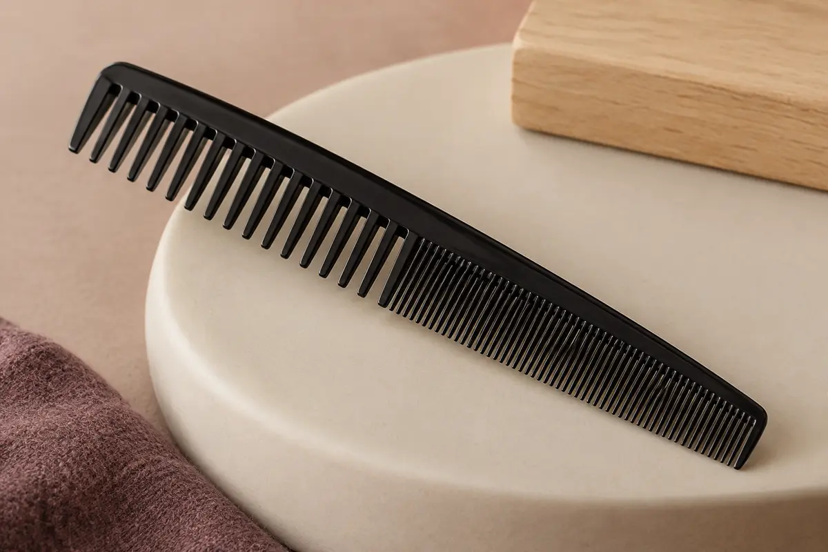 Peigne de coupe noir à double denture posé sur un support en céramique mate