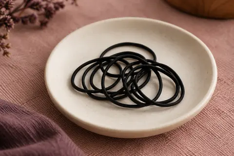 Lot d’élastiques à cheveux noirs fins en polyester, disposés sur une coupelle en céramique mate.