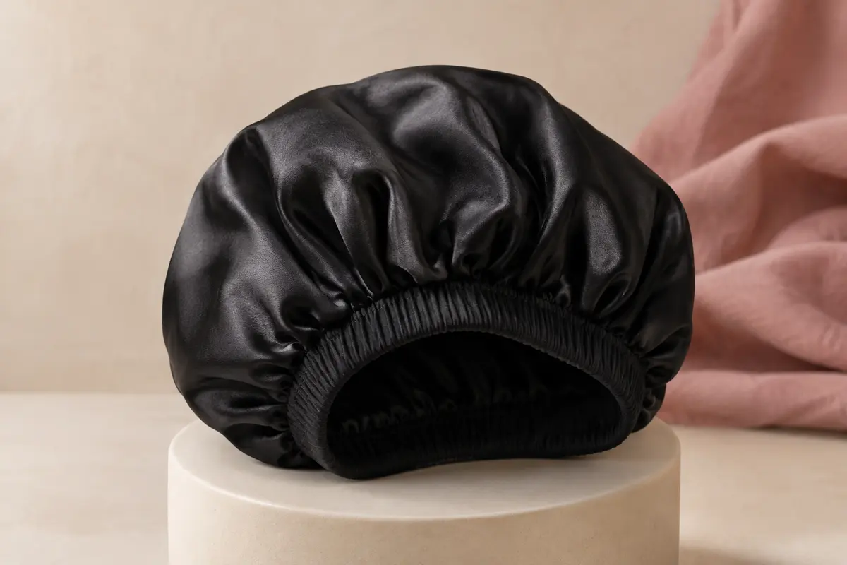 Bonnet de nuit noir en tissu satiné, posé sur un support en céramique mate crème