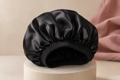 Bonnet de nuit noir en tissu satiné, posé sur un support en céramique mate crème