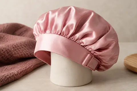 Bonnet de nuit rose en polyester satiné posé sur une céramique mate, avec sa bande large réglable visible.