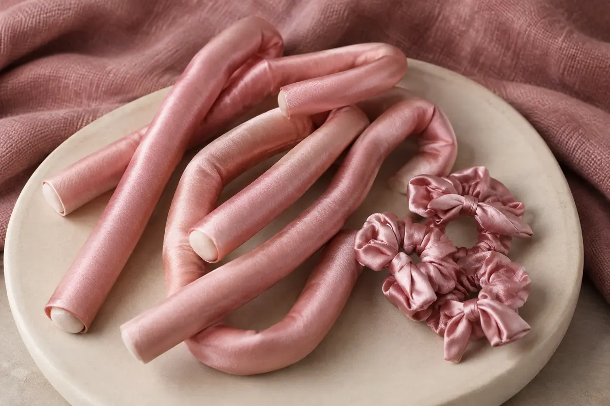 Bigoudis souples en soie rose avec leurs accessoires de fixation en satin, posés sur un support en céramique