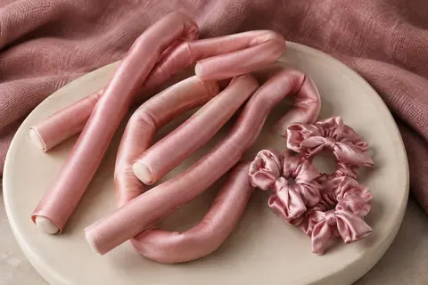 Bigoudis souples en soie rose avec leurs accessoires de fixation en satin, posés sur un support en céramique