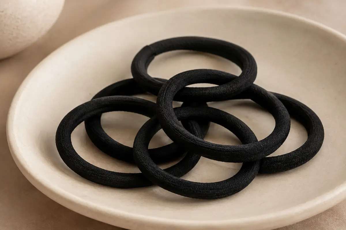 Élastiques à cheveux noirs épais disposés sur un support en céramique mate claire.