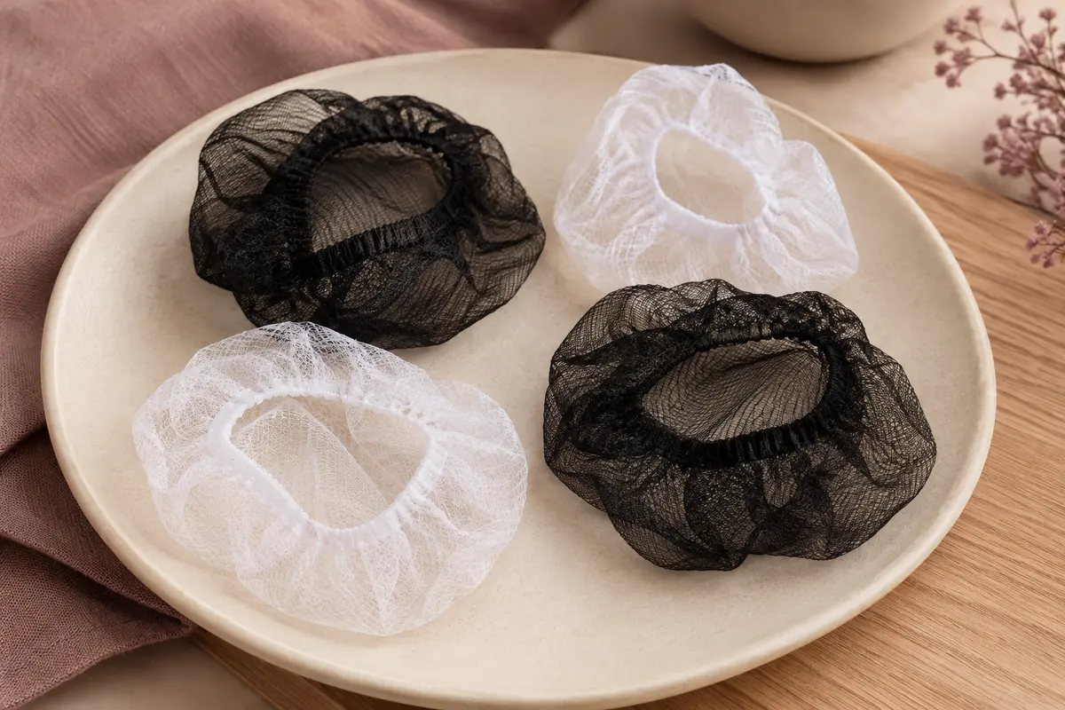 Filets à chignon en nylon noir et blanc, à maille fine et bord élastique, posés sur une céramique mate.