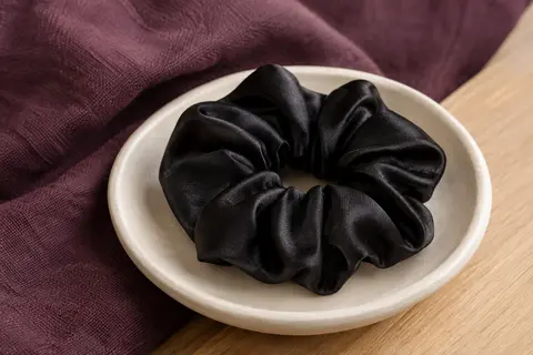Chouchou noir froncé en soie posé sur une coupelle en céramique mate crème