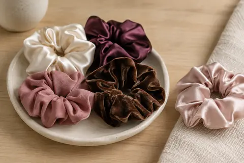 Assortiment de chouchous en tissu aux textures variées posé sur un support en céramique mate