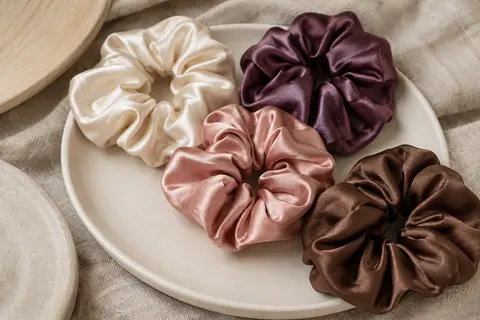 Chouchous en satin aux coloris assortis disposés sur un support en céramique mate