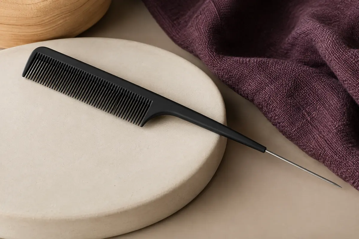 Peigne à crêper noir à dents fines avec pique métallique posé sur un support crème