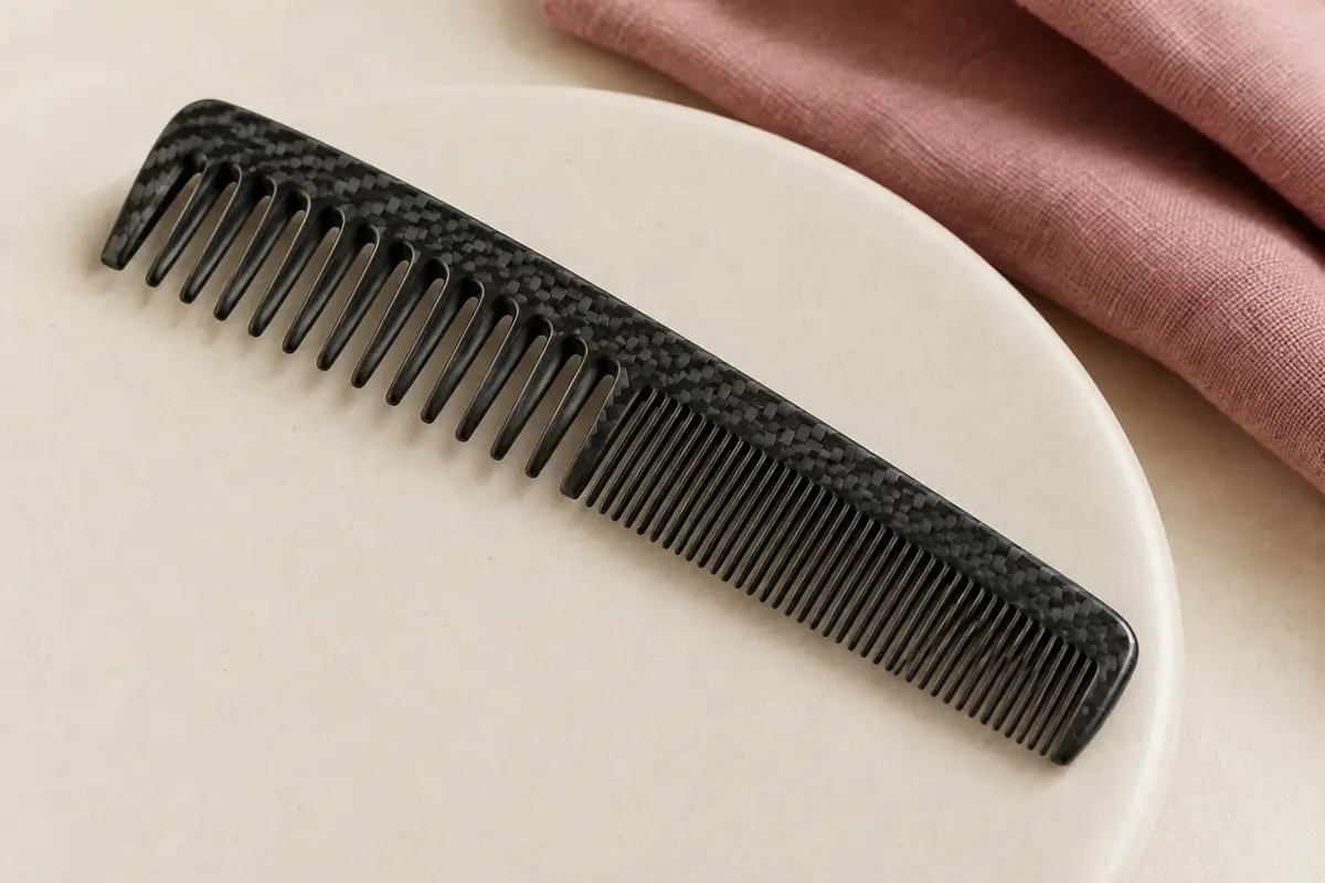 Peigne de coupe noir en fibre de carbone à double denture, posé sur un support en céramique mate.