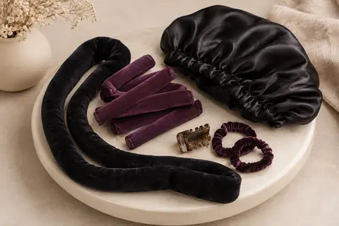 Bande à boucles en velours noir avec bonnet en satin, pince et deux élastiques disposés sur une céramique mate