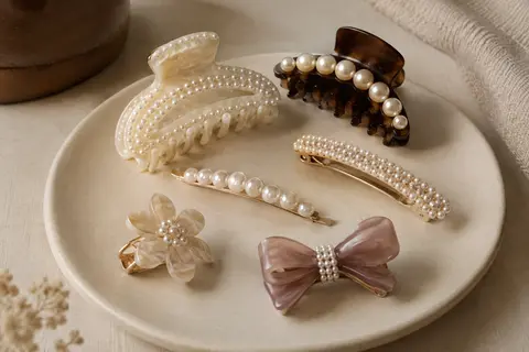 Assortiment de pinces à cheveux ornées de perles posé sur un support en céramique mate.