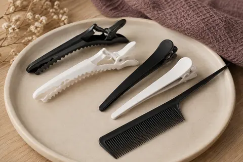 Ensemble noir et blanc de pinces crocodile, pinces sans plis et peigne à queue posé sur un support mat