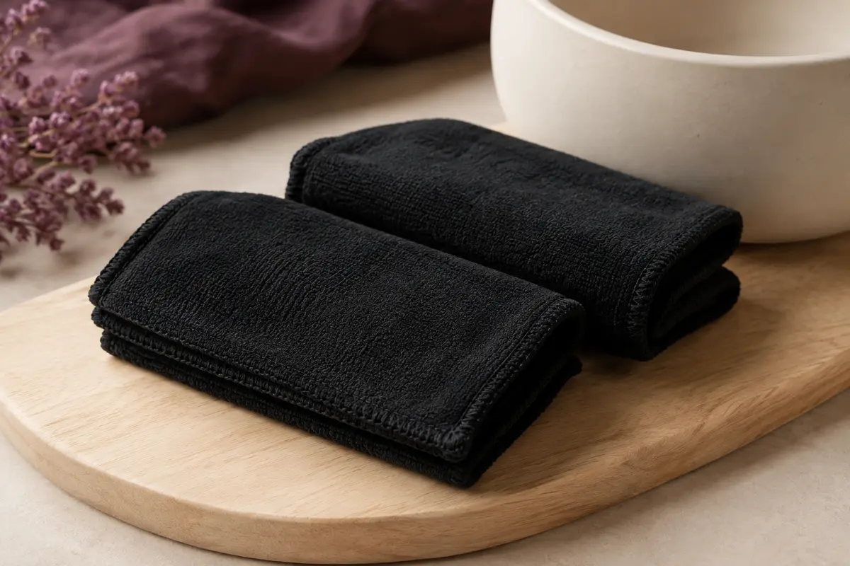 Deux serviettes noires en microfibre pliées sur un support en bois clair.
