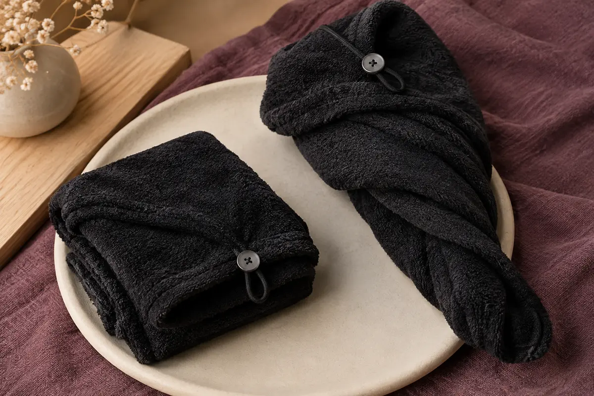 Deux serviettes turban noires en microfibre, avec boucle et bouton, présentées sur un support crème.