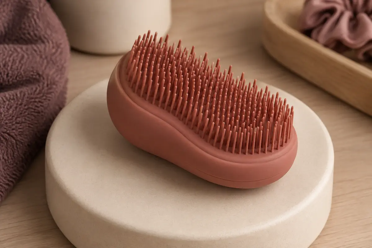 Brosse démêlante Kitsch terracotta à picots souples posée sur un support en céramique mate.