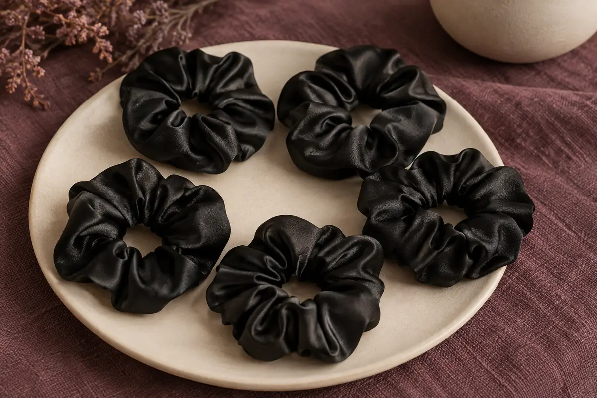 Cinq chouchous noirs en satin disposés sur une céramique mate et un tissu prune