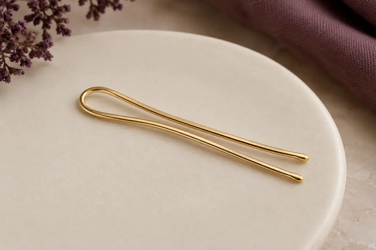 Épingle à cheveux française courbe en métal doré posée sur un support en céramique mate crème.