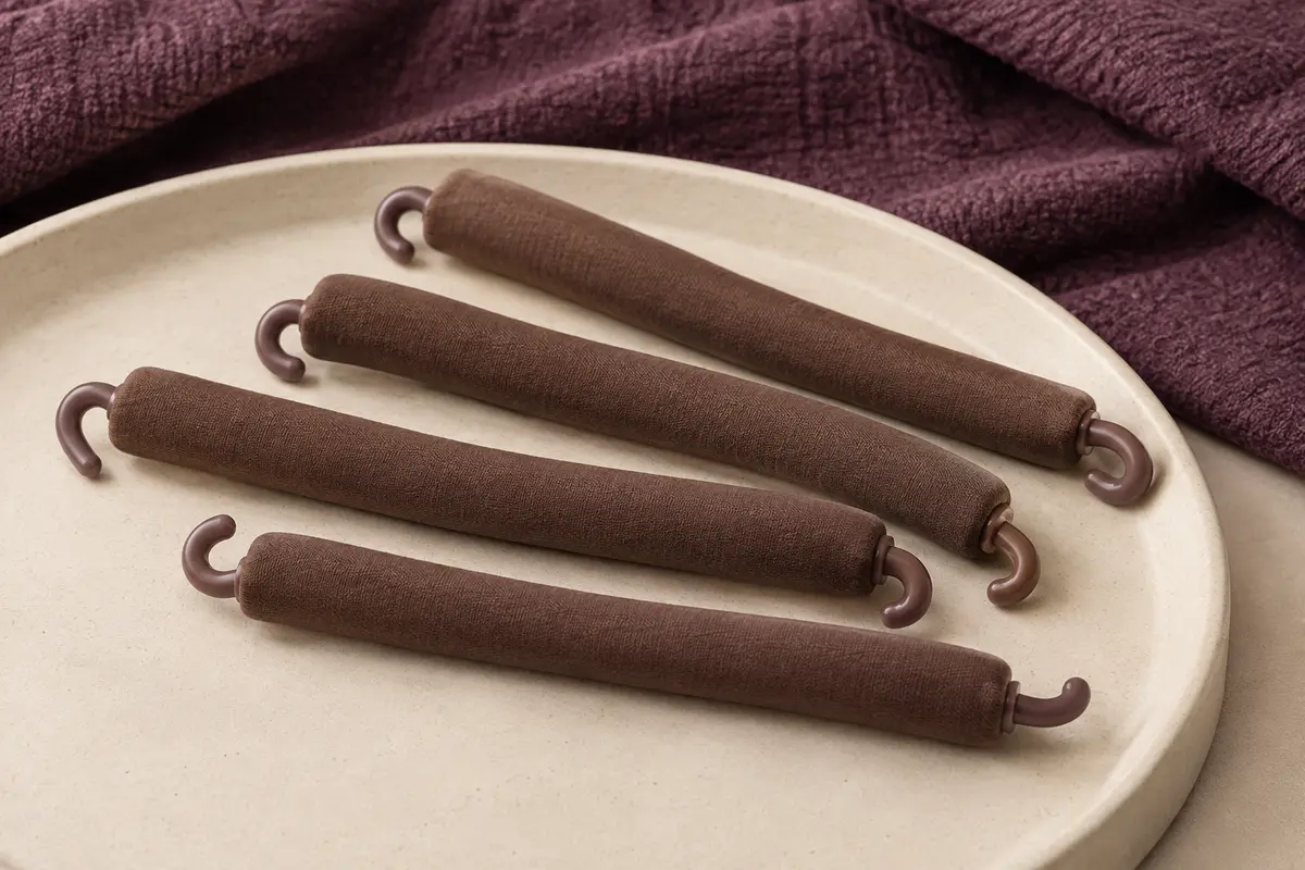 Quatre bigoudis flexibles bruns avec crochets, disposés sur un support en céramique mate.