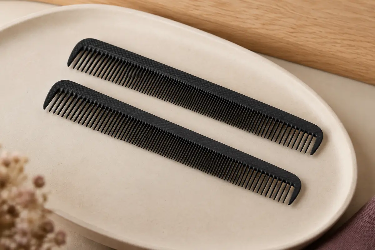 Deux peignes noirs en fibre de carbone, à dentures fines et larges, posés sur un support en céramique mate.