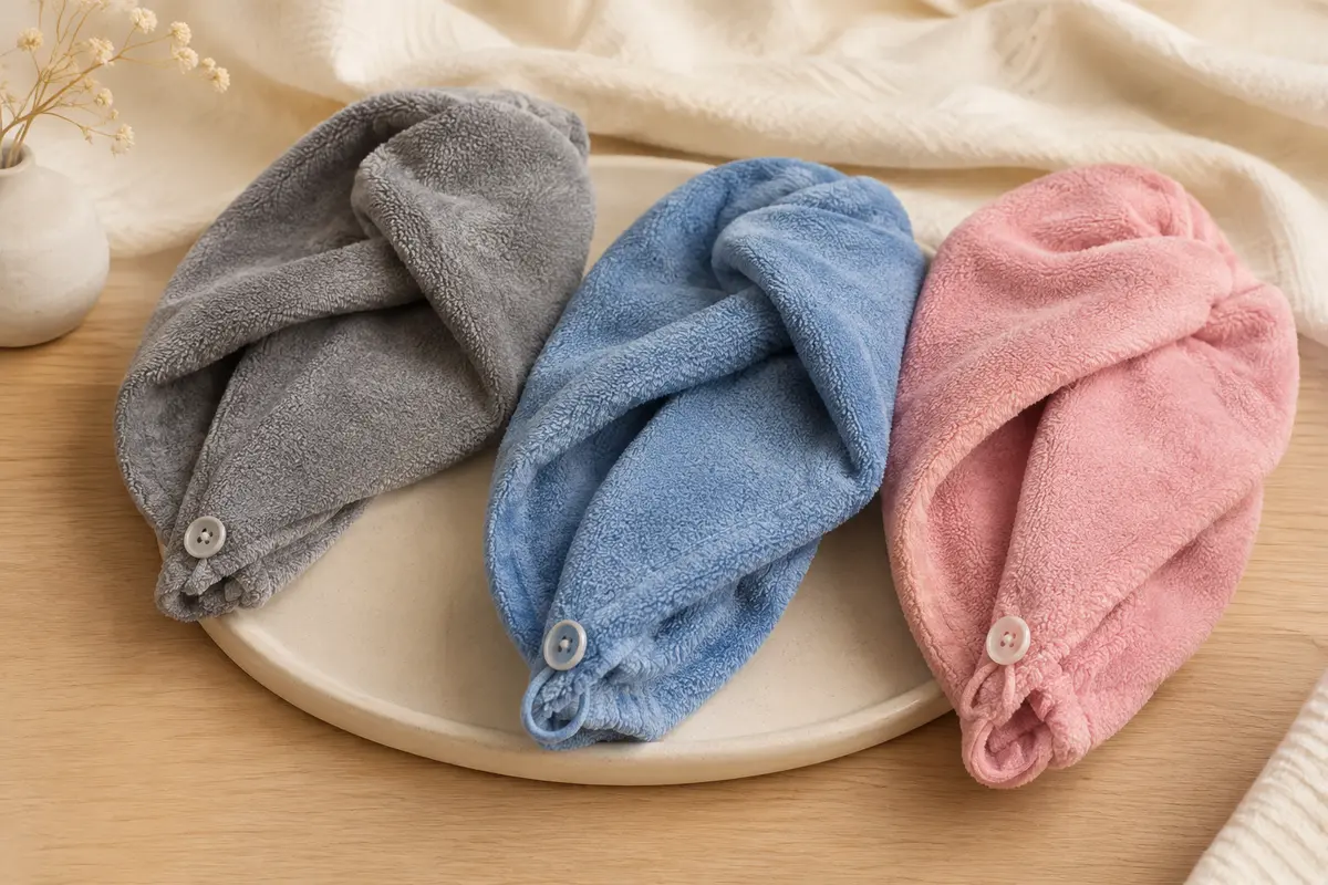 Trois turbans-serviettes en microfibre gris, bleu et rose, avec une fermeture par bouton et boucle