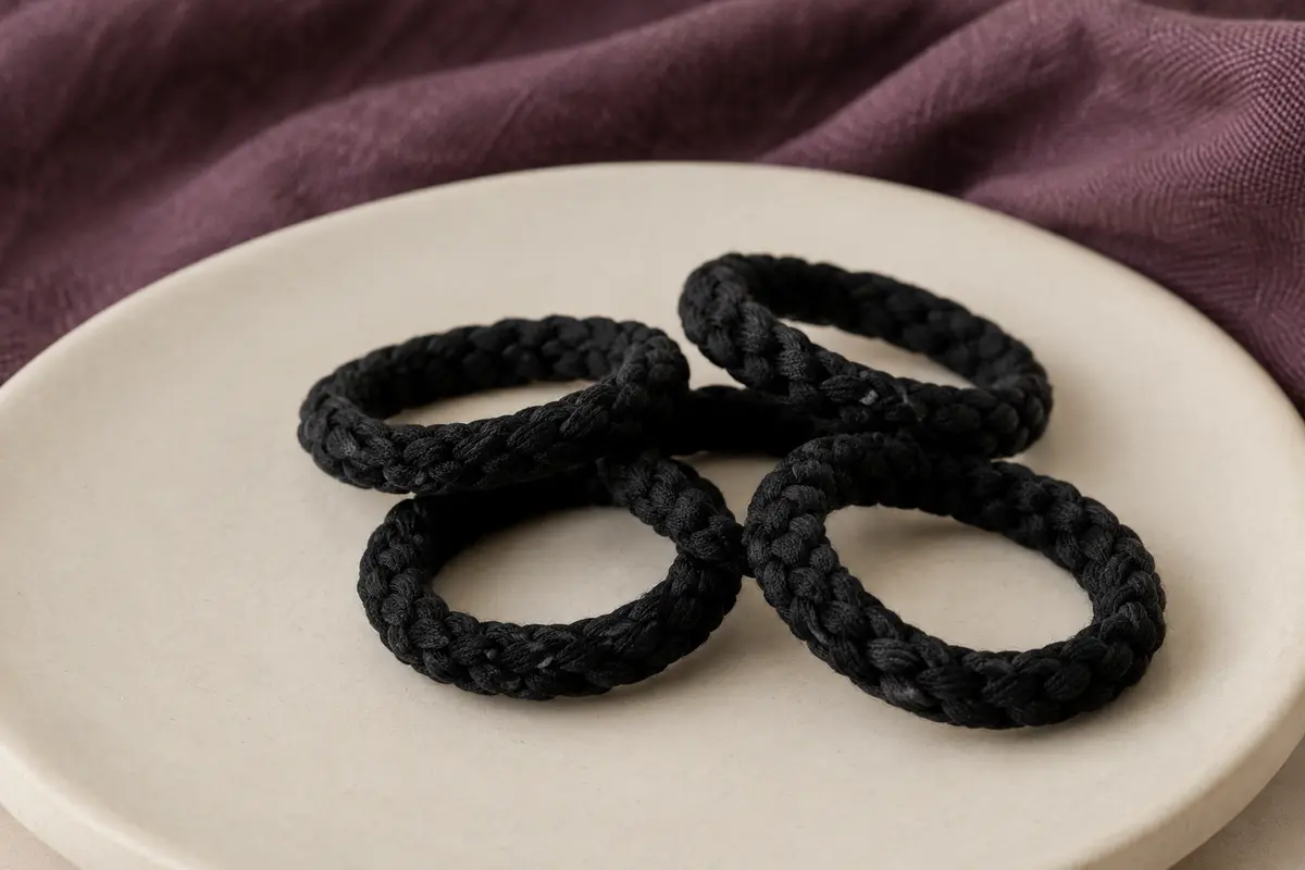 Élastiques à cheveux noirs tressés en polyester, sans métal, présentés sur une céramique mate.