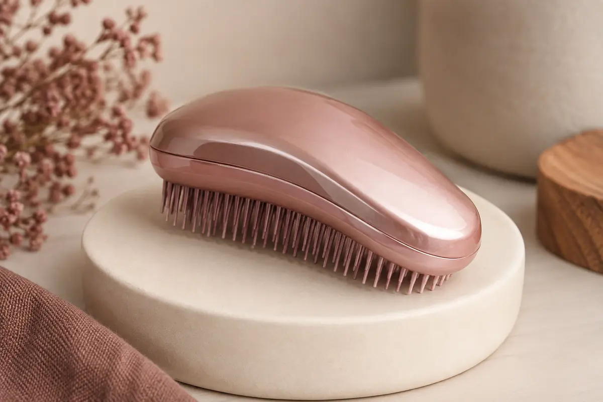 Brosse démêlante compacte or rose avec picots souples en nylon, posée sur un support en céramique crème.