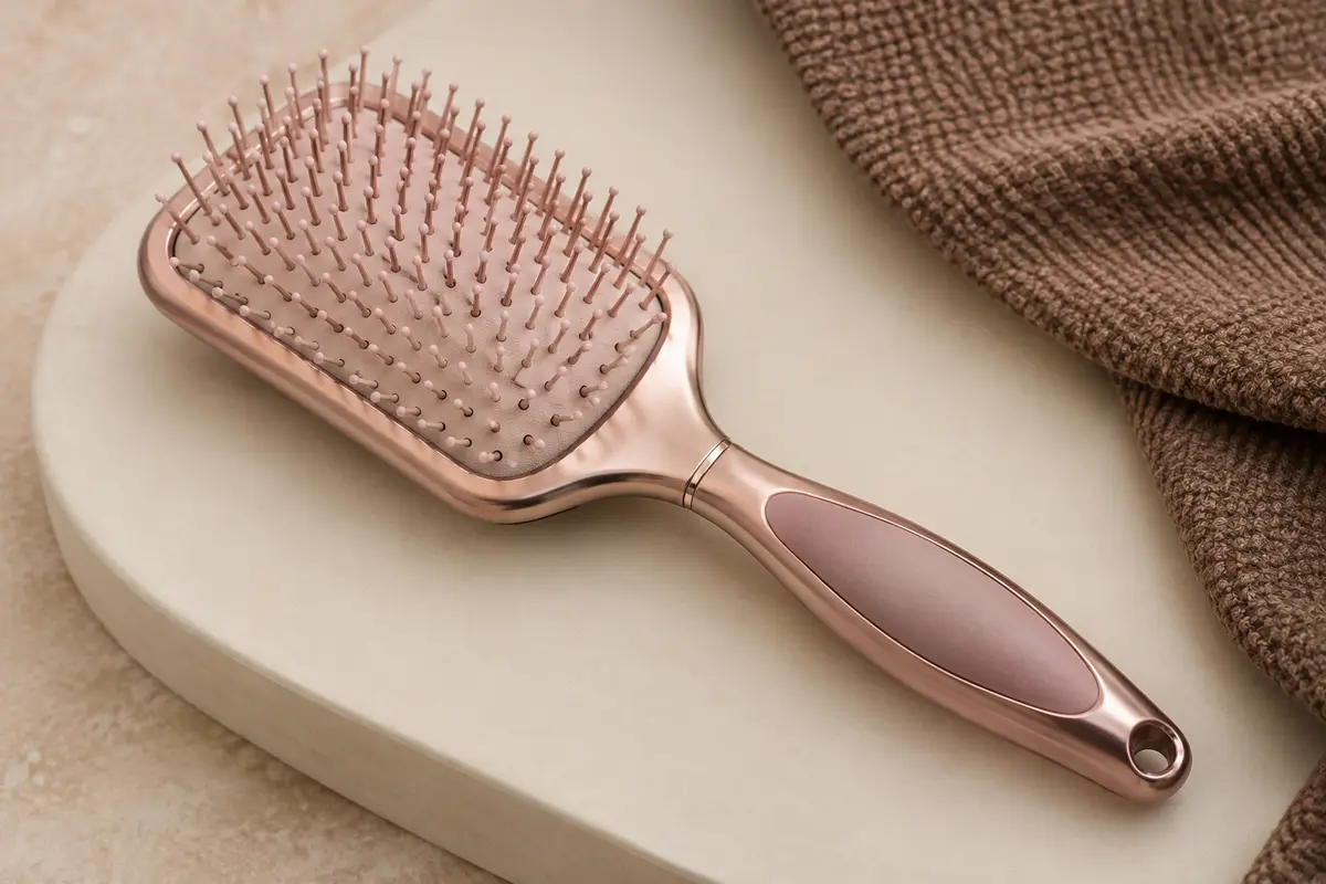 Brosse plate de brushing au fini or rose, posée sur un support en céramique mate