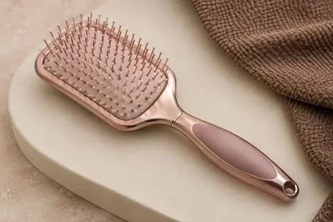 Brosse plate de brushing au fini or rose, posée sur un support en céramique mate
