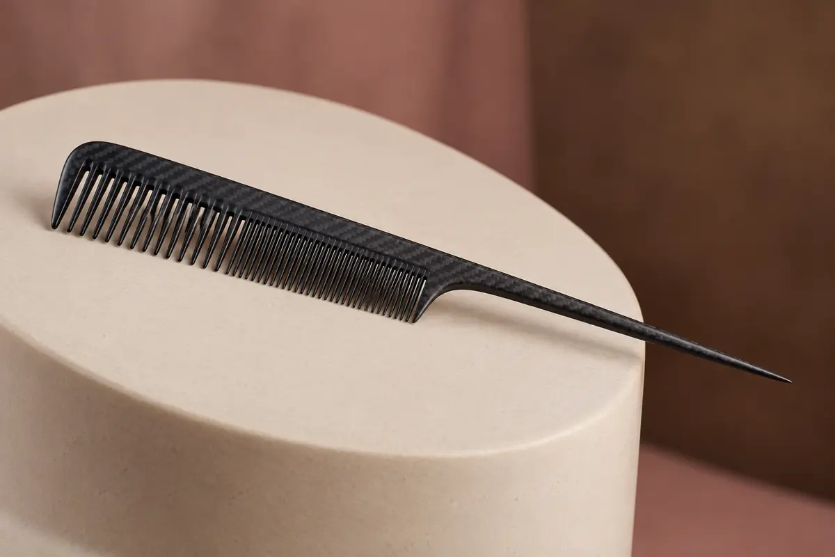 Peigne à queue noir en fibre de carbone, avec dents larges et fines, posé sur un support en céramique mate.