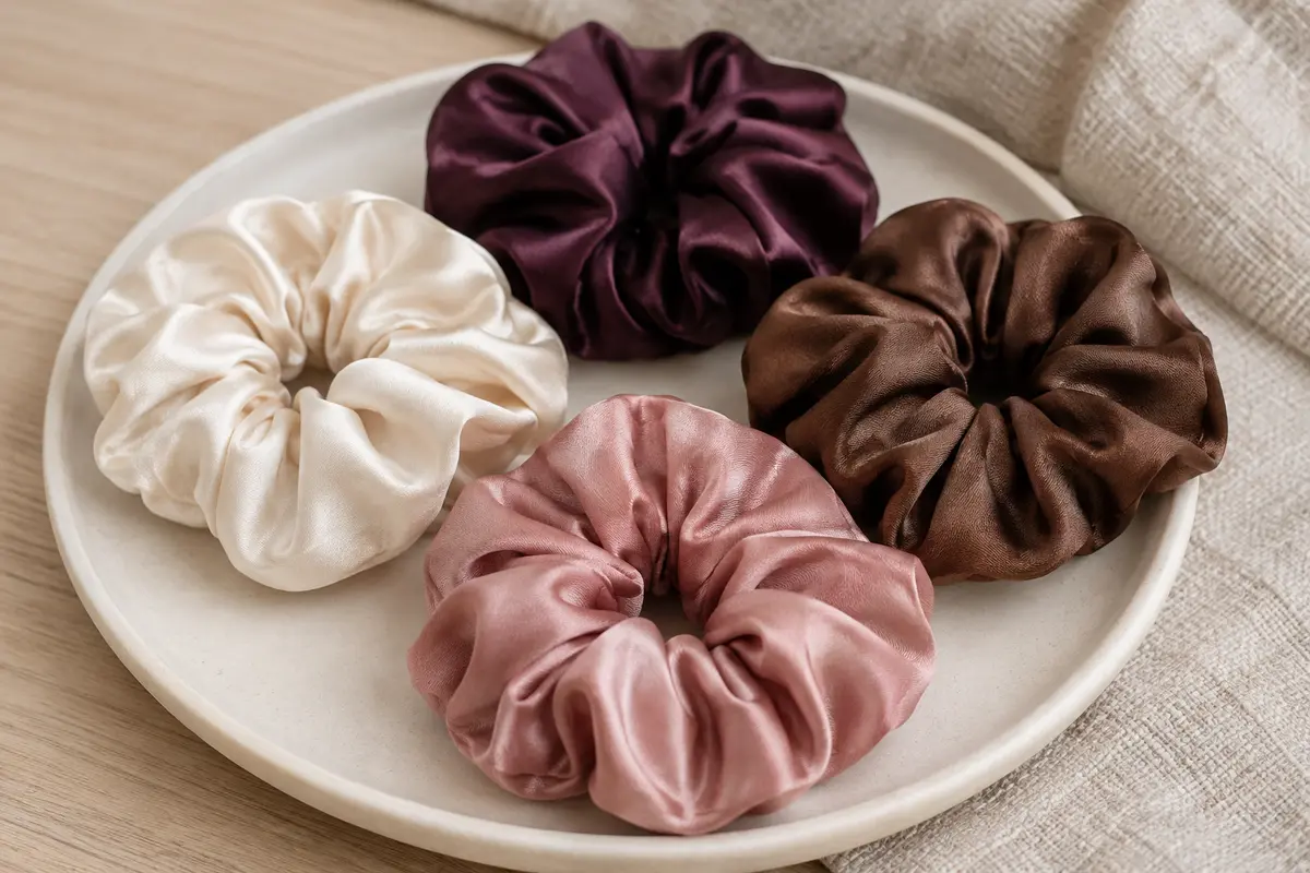 Quatre grands chouchous pour cheveux à finition satinée, disposés sur un support en céramique mate.