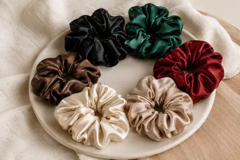 Six chouchous en satin noir, vert foncé, rouge, marron, champagne et beige disposés sur un support mat